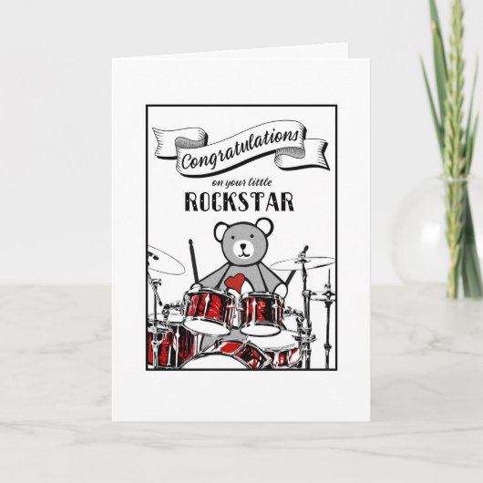 Cute Drummer Teddy Rockstar Rock Roll Baby shower Kaart (Voorkant)