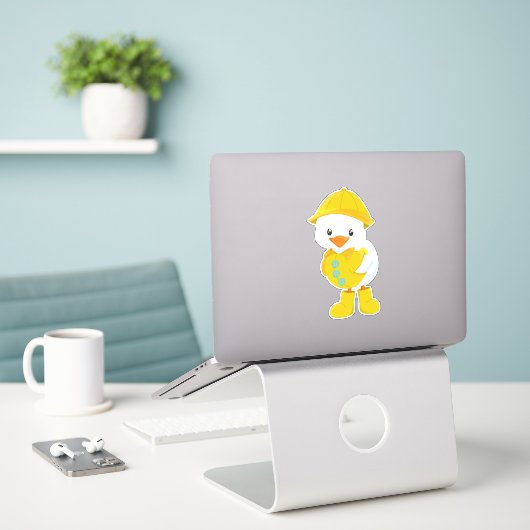 Cute Duck, Baby Duck, Duck in Raincoat, Rain Sticker (Laptop op bureau)