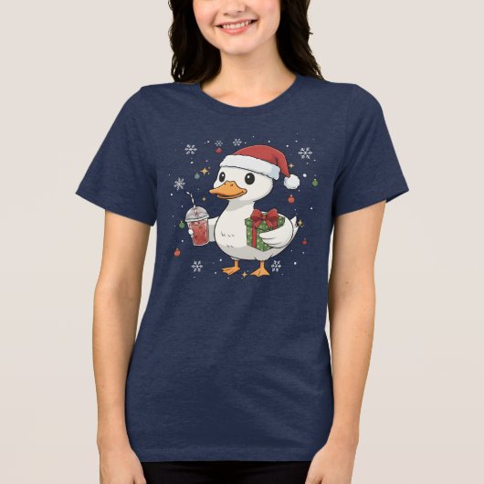 Cute Duck Christmas Drink Cozy Holiday Gift Tri-Blend Shirt (Voorkant)