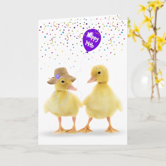 Cute Duck Couple met 14th Birthday Balloon Kaart (Gele Bloem)