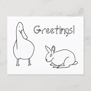 Cute Duck en Rabbit Greetings Coloring Briefkaarte Briefkaart
