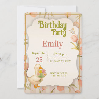 Cute Duck Floral Watercolor Birthday Party Invitat Kaart