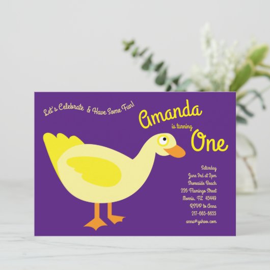 Cute Duck Kinder 1st Birthday Party Invitation Kaart (Staand voorkant)