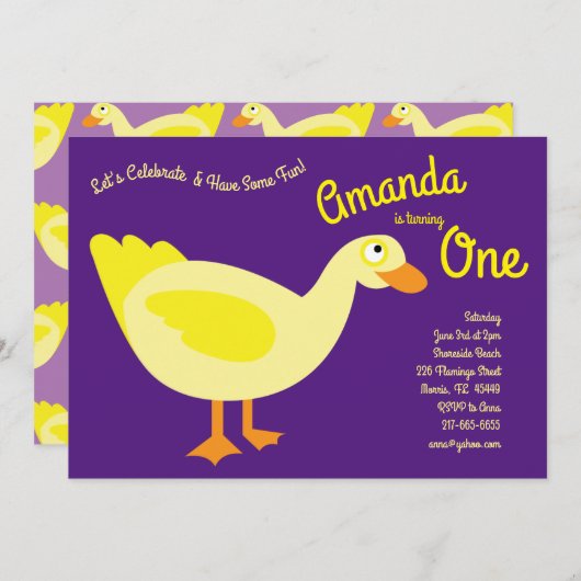 Cute Duck Kinder 1st Birthday Party Invitation Kaart (Voorkant / Achterkant)