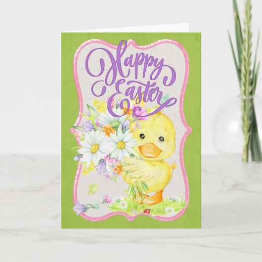 Cute Duck met Spring Flowers - Happy Easter Feestdagen Kaart (Voorkant)