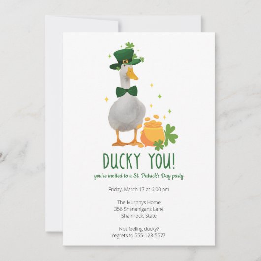 Cute Duck St. Patrick's Day Party Invitation Kaart (Voorkant)