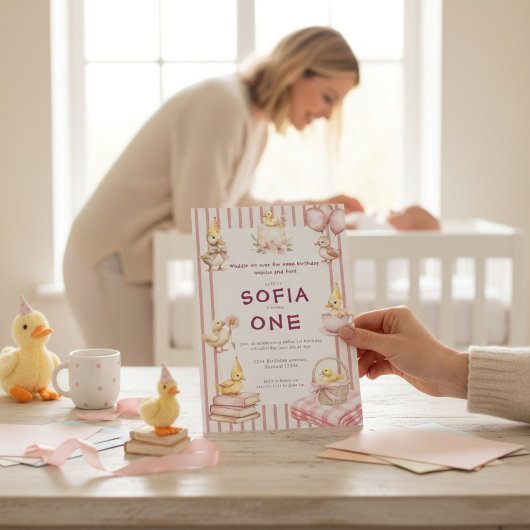 Cute Duckling First Birthday Invitation Kaart