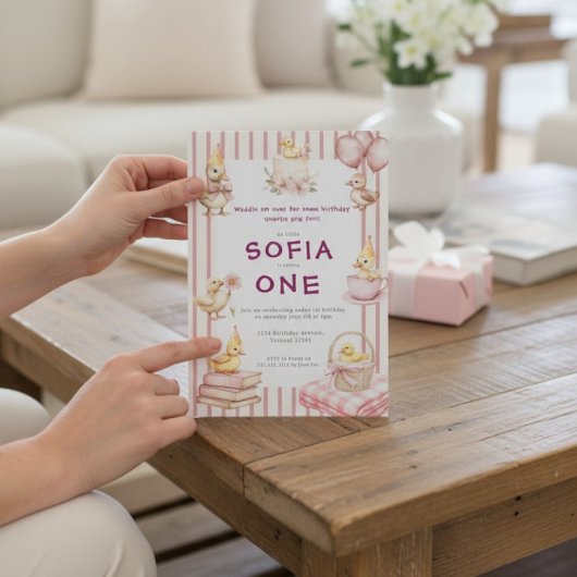 Cute Duckling First Birthday Invitation Kaart