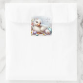 Cute Duckling met Pasen Eieren en Lente Bloemen Vierkante Sticker (Tas)