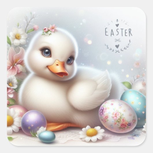 Cute Duckling met Pasen Eieren en Lente Bloemen Vierkante Sticker (Voorkant)