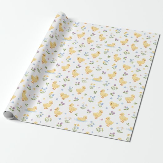 Cute Ducklings and Wildflowers Pattern Cadeaupapier (Uitgerold)