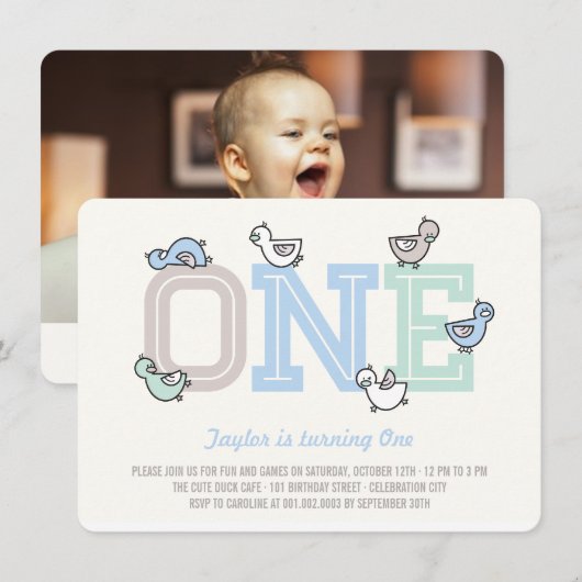 Cute Ducks Big One Boy 1st Birthday Party Invite Kaart (Voorkant / Achterkant)
