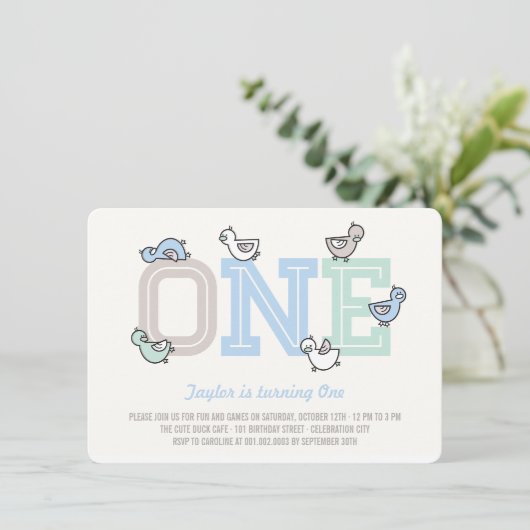 Cute Ducks Big One Boy 1st Birthday Party Invite Kaart (Staand voorkant)