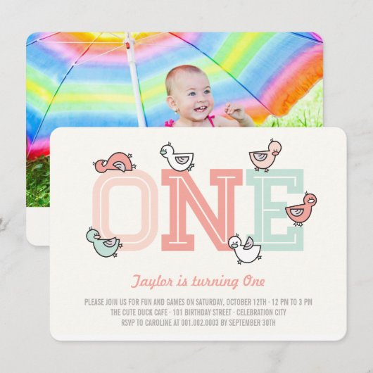 Cute Ducks Big One Girl 1st Birthday Party Invite Kaart (Voorkant / Achterkant)