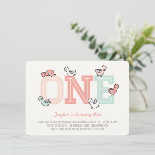 Cute Ducks Big One Girl 1st Birthday Party Invite Kaart (Staand voorkant)
