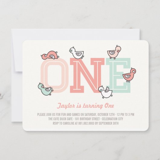 Cute Ducks Big One Girl 1st Birthday Party Invite Kaart (Voorkant)