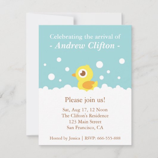 Cute Ducky met Bubbles Blue Baby shower Party Kaart (Voorkant)