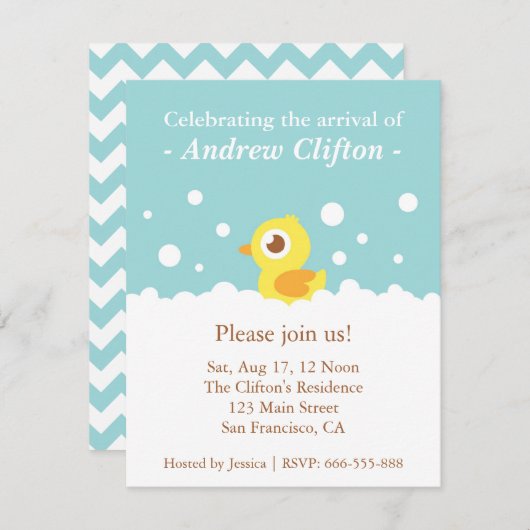 Cute Ducky met Bubbles Blue Baby shower Party Kaart (Voorkant / Achterkant)