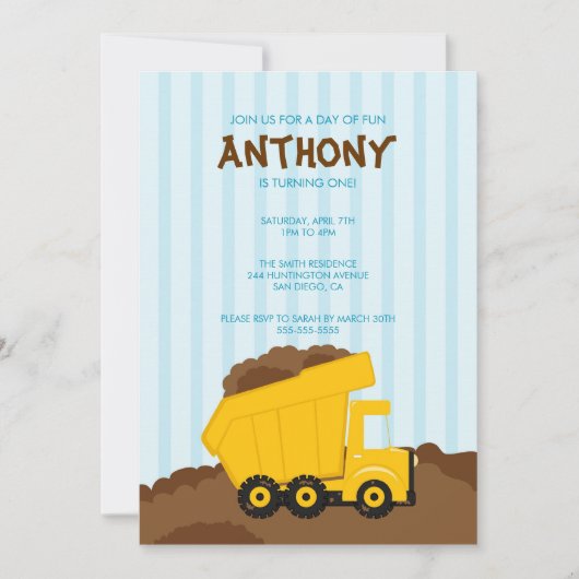 Cute Dump Truck Birthday Party Invite Kaart (Voorkant)