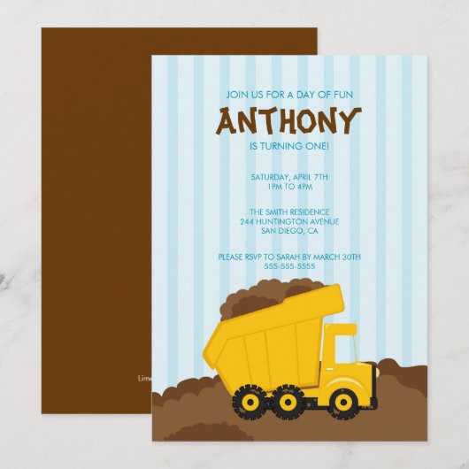 Cute Dump Truck Birthday Party Invite Kaart (Voorkant / Achterkant)