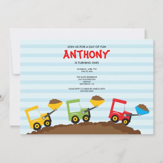 Cute Dump Trucks Birthday Party Invite Kaart (Voorkant)