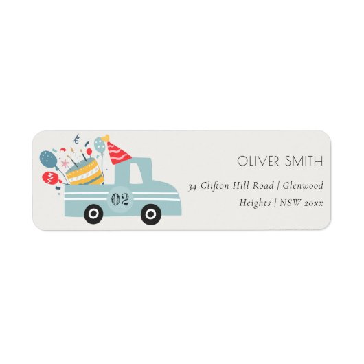 Cute Dusky Blue Any Age Birthday Party Cake Truck Etiket (Voorkant)