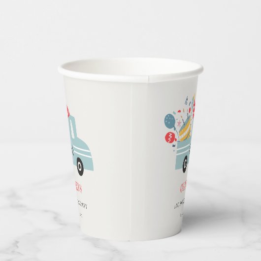 Cute Dusky Blue Any Age Birthday Party Cake Truck Papieren Bekers (Rechts)