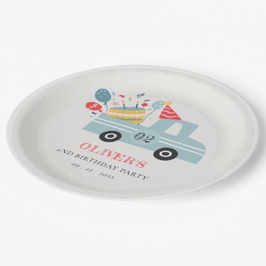 Cute Dusky Blue Any Age Birthday Party Cake Truck Papieren Bordje (Gekanteld)