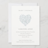 Cute Dusky Blue Floral Heart Baby shower Invite Bedankkaart (Voorkant)