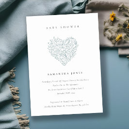 Cute Dusky Blue Floral Heart Baby shower Invite Bedankkaart