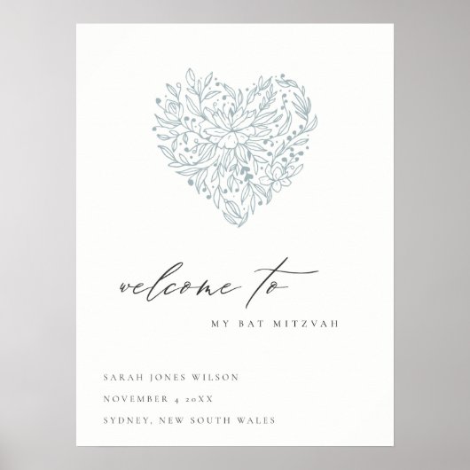 Cute Dusky Blue Floral Heart Bat Mitzvah Welkom Poster (Voorkant)