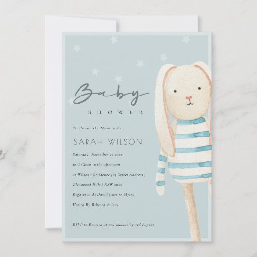 Cute Dusky Blue Gray Bunny Baby shower Invite Bedankkaart (Voorkant)