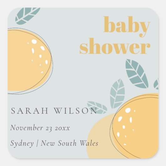 Cute Dusky Blue Lemon Fruity Bold Baby shower Vierkante Sticker (Voorkant)