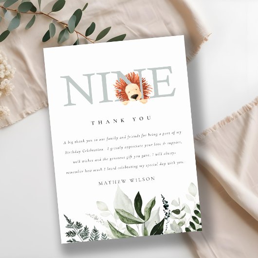 Cute Dusky Blue Lion Foliage 9th 9th Birthday Bedankkaart