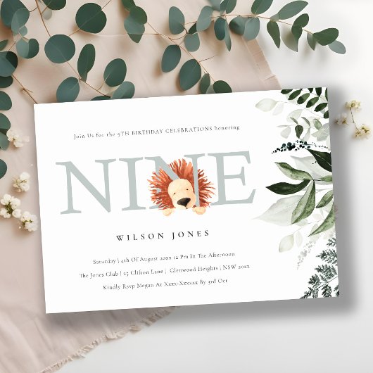 Cute Dusky Blue Lion Foliage 9th 9th Birthday Kaart