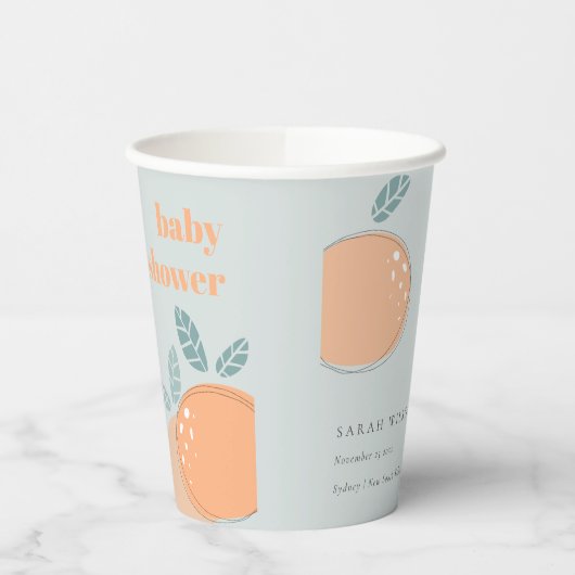 Cute Dusky Blue Oranje Fruity Bold Baby shower Papieren Bekers (Links)