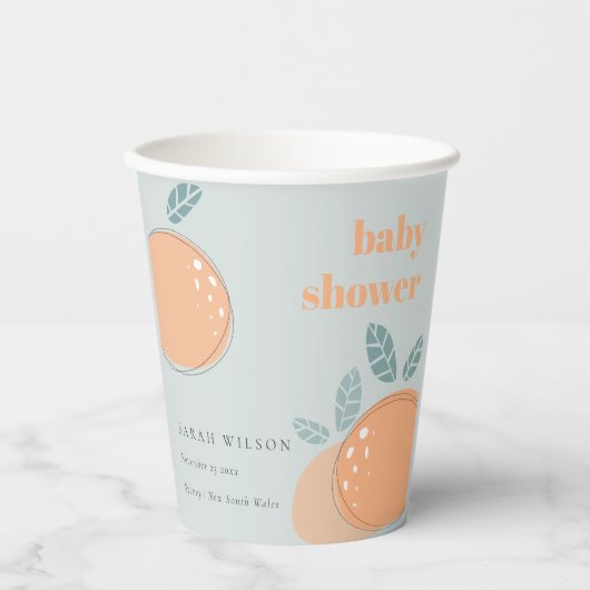 Cute Dusky Blue Oranje Fruity Bold Baby shower Papieren Bekers (Voorkant)