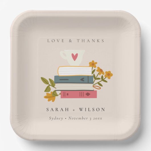 Cute Dusky Blush Stapelde Storybooks Floral Weddin Papieren Bordje (Voorkant)