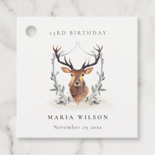 Cute Dusky Deer Floral Crest any Age Birthday Bedankjes Labels (Voorkant)