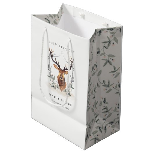 Cute Dusky Deer Floral Crest any Age Birthday Medium Cadeauzakje (Voorkant Gekanteld)