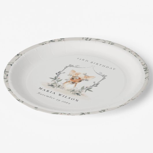 Cute Dusky Deer Floral Crest any Age Birthday Papieren Bordje (Gekanteld)