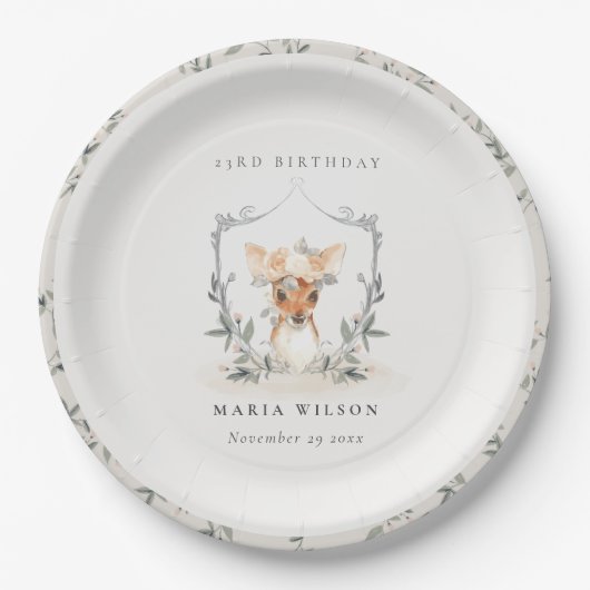 Cute Dusky Deer Floral Crest any Age Birthday Papieren Bordje (Voorkant)
