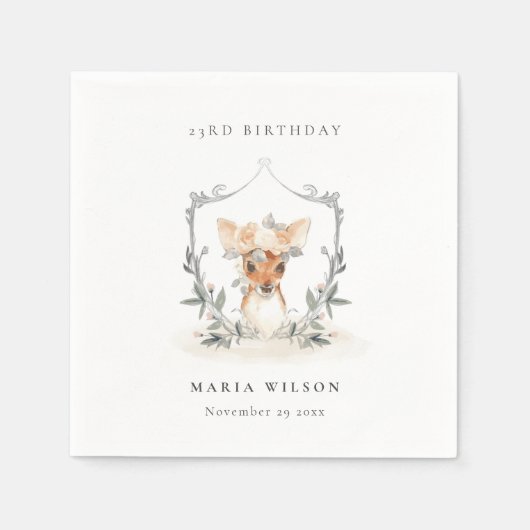 Cute Dusky Deer Floral Crest any Age Birthday Servet (Voorkant)