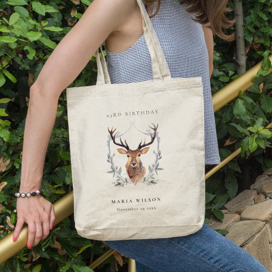 Cute Dusky Deer Floral Crest any Age Birthday Tote Bag
