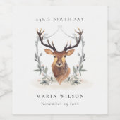Cute Dusky Deer Floral Crest any Age Birthday Wijn Etiket (Enkel label)