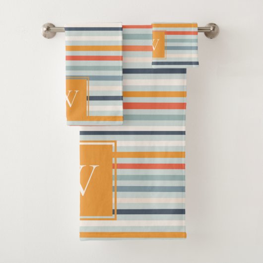 Cute Dusky Oranje Blue Ochre Striped Pattern Bad Handdoek (Insitu)