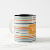 Cute Dusky Oranje Blue Ochre Striped Pattern Tweekleurige Koffiemok (Voorkant links)