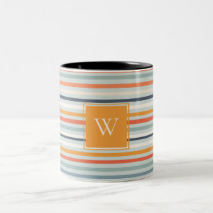 Cute Dusky Oranje Blue Ochre Striped Pattern Tweekleurige Koffiemok