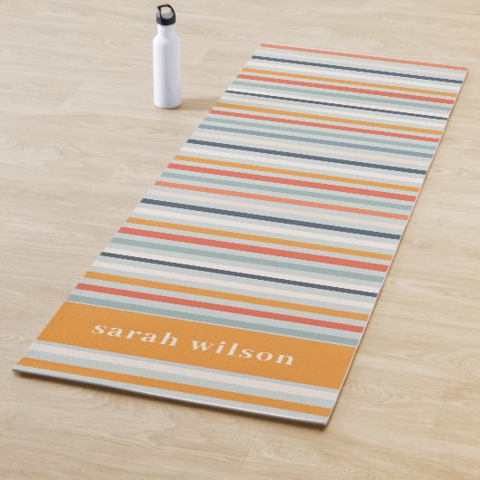 Cute Dusky Oranje Blue Ochre Stripes Pattern Yogamat (In situ)