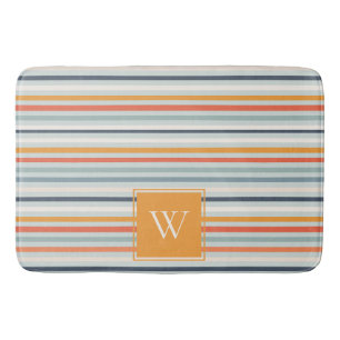 Cute Dusky Oranje Blue Striped Pattern Monogram Badmat